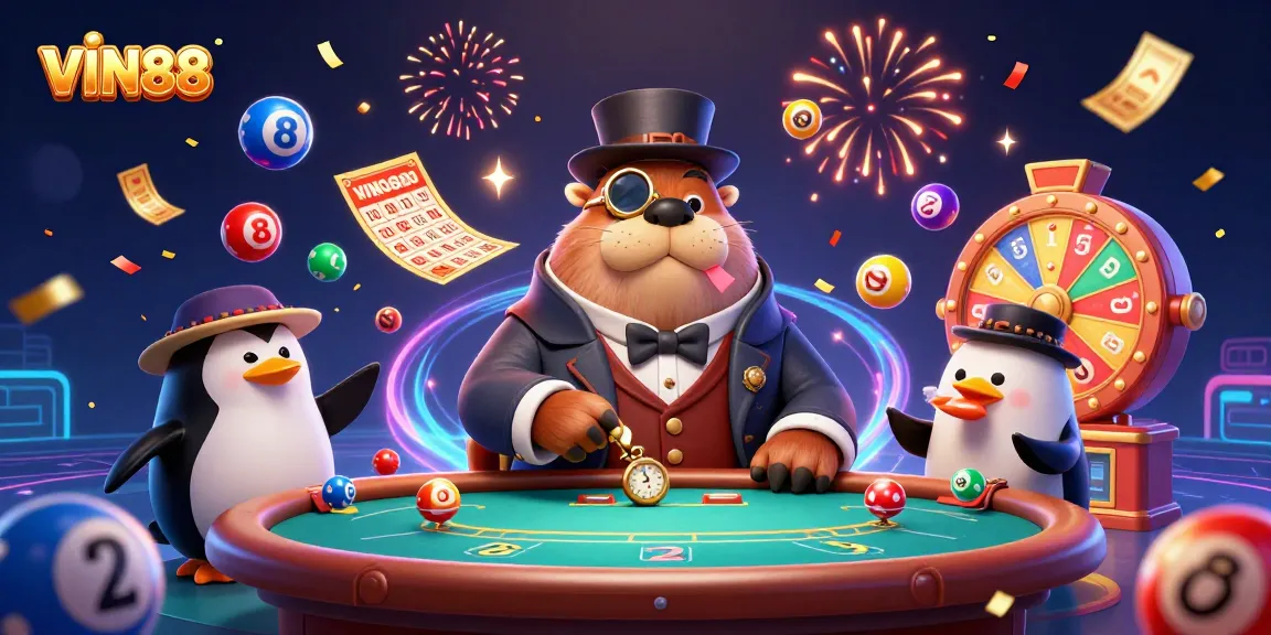 Engage with VIN88 through vibrant underwater casino action featuring a walrus, penguin dealer, and pufferfish.