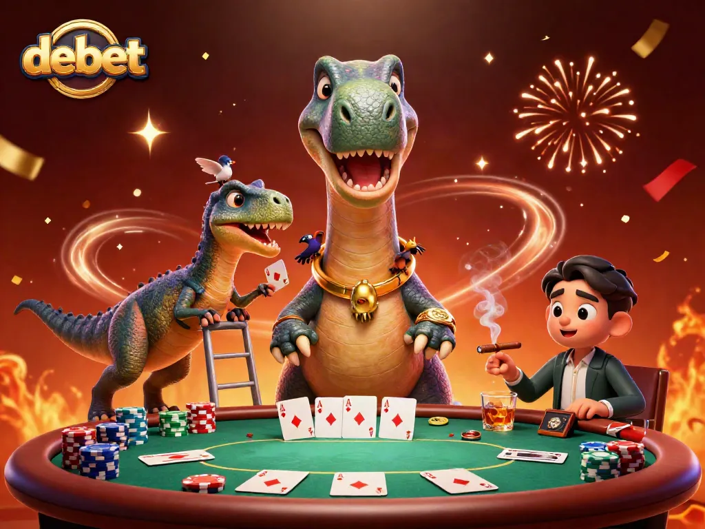 Experience exciting poker action at debet with a towering brontosaurus dealer alongside a clever raptor.