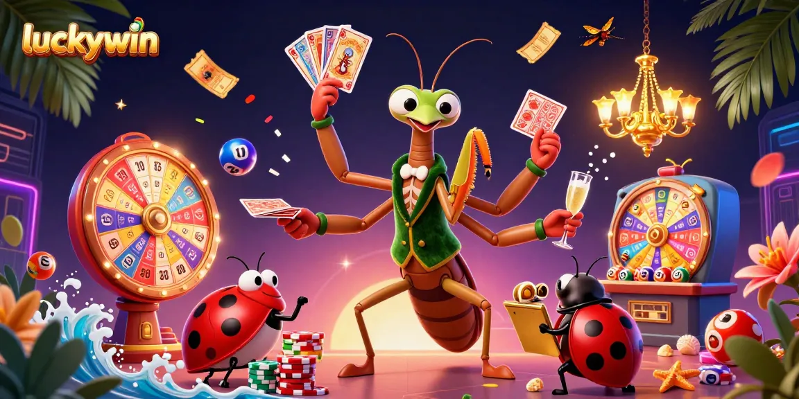 Win big at luckywin with a vibrant, dynamic 3D casino scene featuring characters and gaming elements.