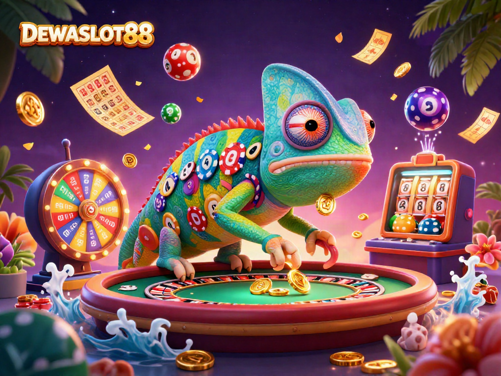 DEWASLOT88 offers an exciting view of vibrant casino action with a colorful chameleon owner