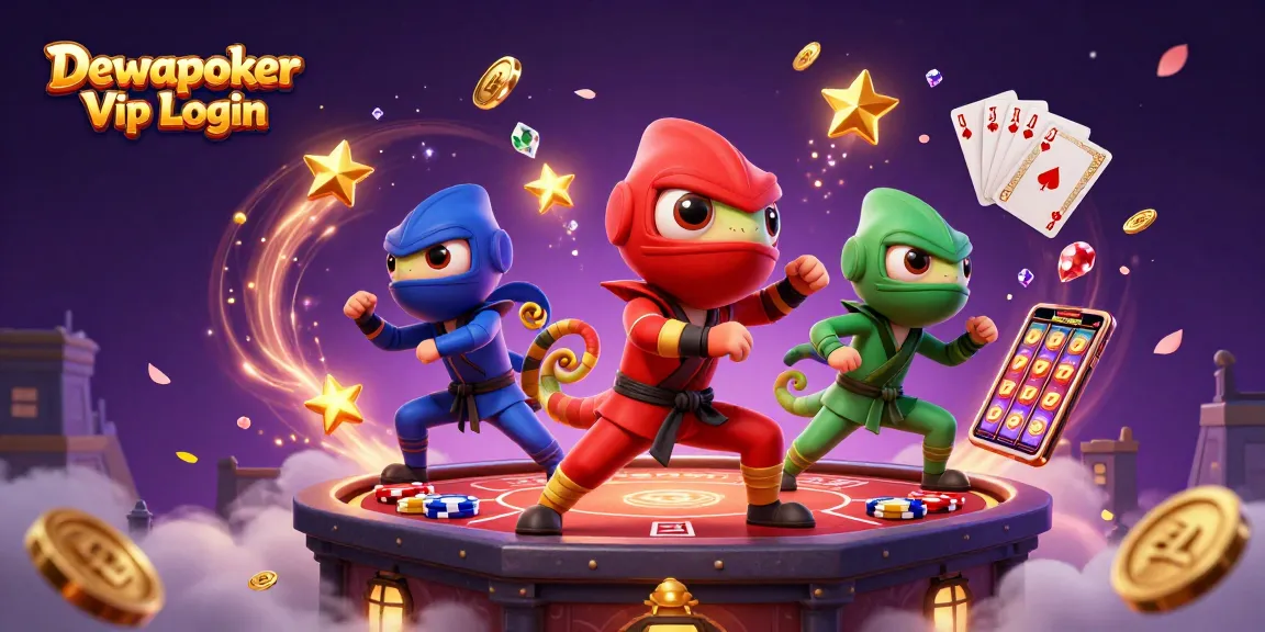 Dewapoker Vip Login showcases a vibrant scene where cartoon ninja chameleons perform martial arts surrounded by sparkling casino elements.