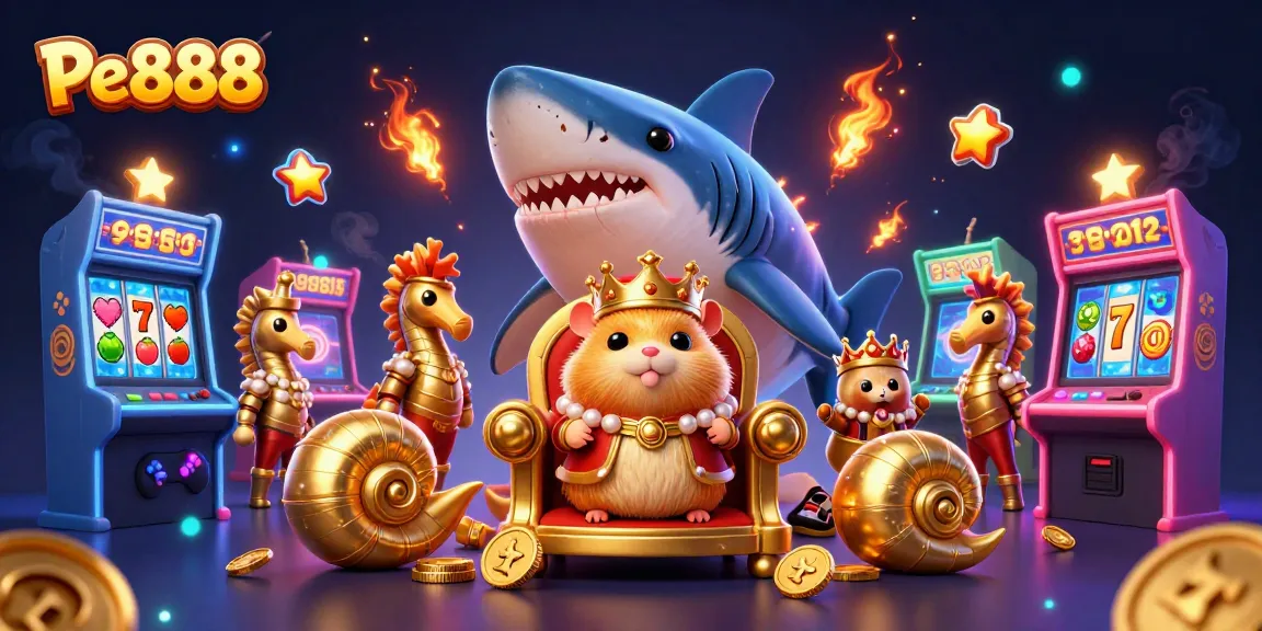 Engage with Pe888's vibrant 3D casino illustration featuring a golden hamster king and arcade gaming elements.