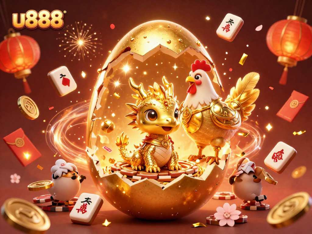 Experience thrilling gameplay with u888's captivating golden dragon and poker chips in an exciting casino scene.