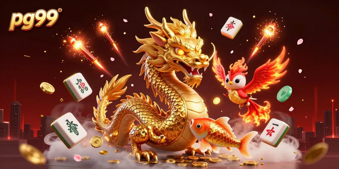 Experience thrilling jackpots with pg99 featuring a dragon, phoenix, and koi in a dynamic casino illustration.