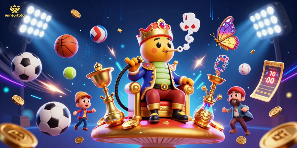 Experience the excitement of winsortoto with a vibrant casino-themed illustration featuring a hookah-master and sports elements.