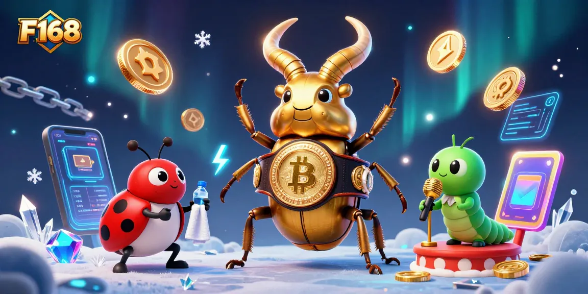 Engage with F168's vibrant casino world featuring colorful 3D characters and digital elements.