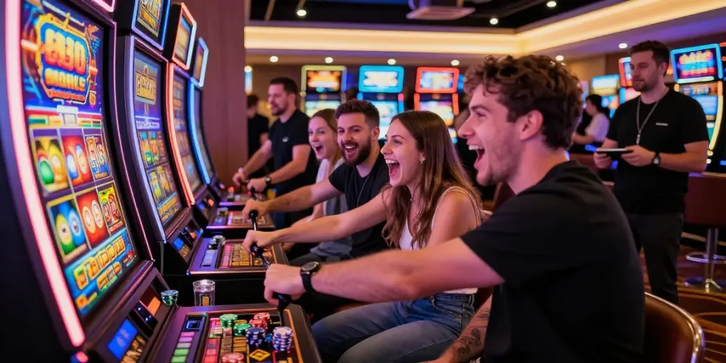 Excited friends enjoying slot888 at a casino slot machine with colorful graphics.