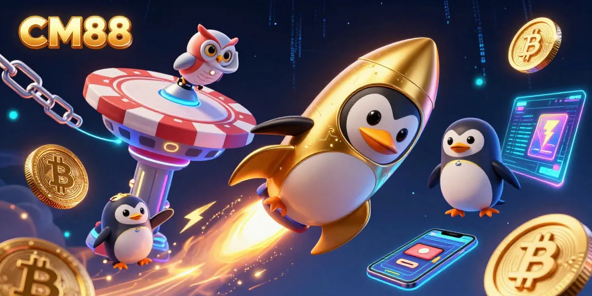 CM88 penguin bursts through space, leading a casino journey filled with glowing coins and crypto elements.