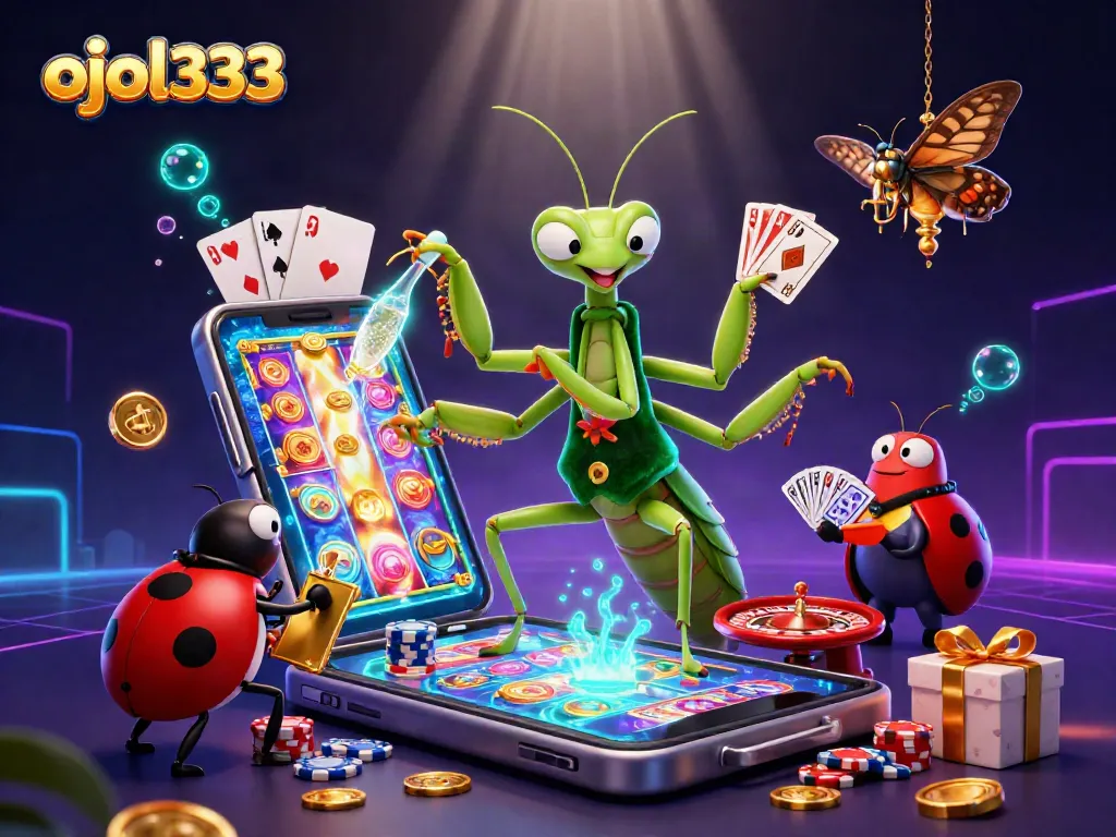 ojol333 illustrates vibrant casino scene with giant mantis dealer and ladybug pit boss
