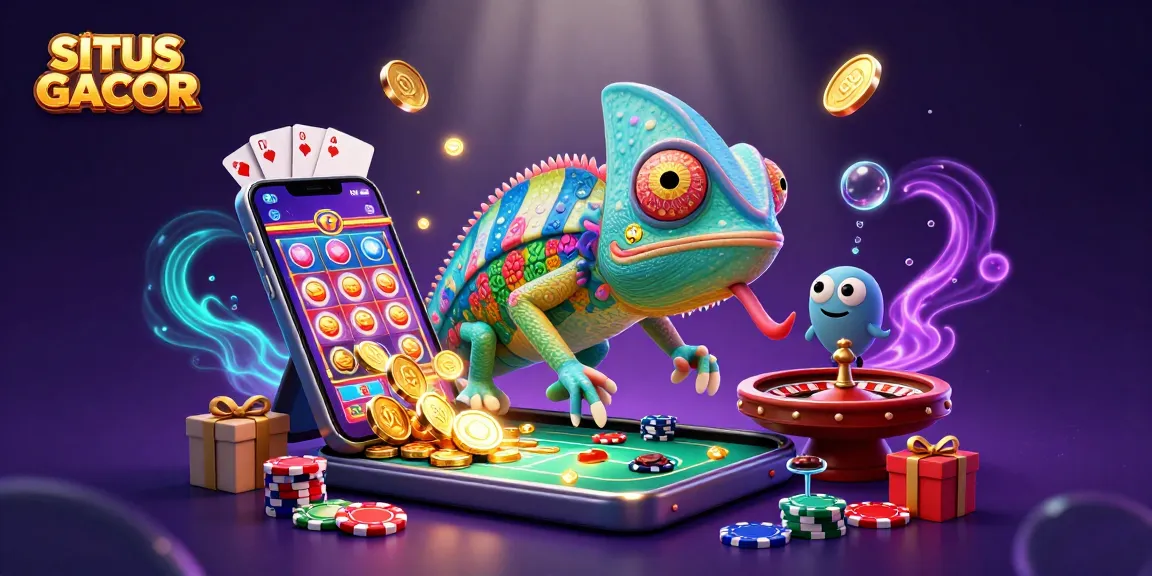 SITUS GACOR scene showcasing a colorful slot game with dynamic casino elements and energetic chameleon character.
