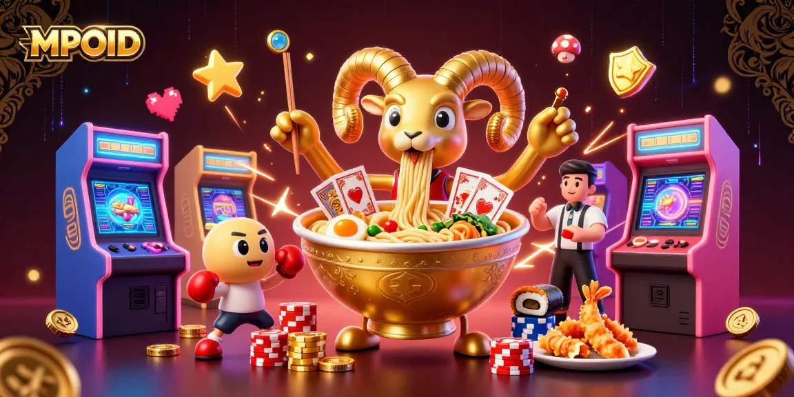 MPOID platform featuring a playful giant ramen bowl character dealing cards, embodying a fun online gaming experience.