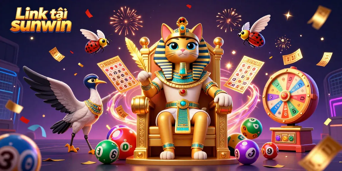 Engage with Link tải sunwin as an Egyptian pharaoh cat dominates a vibrant gambling scene.