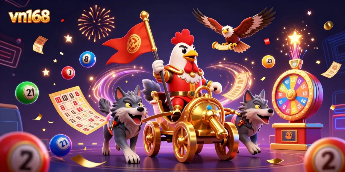 Win big with vn168 in this vibrant 3D casino illustration featuring exciting lottery elements.