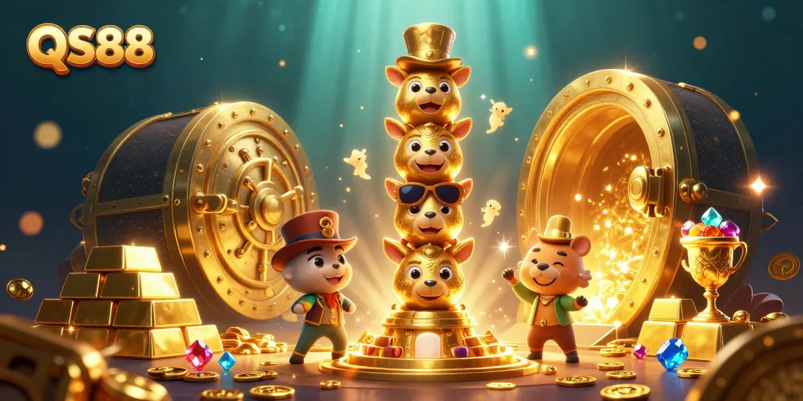 Engaging scene showcasing QS88 with a 3D cartoon golden totem pole, vibrant casino elements, and sparkling treasures.