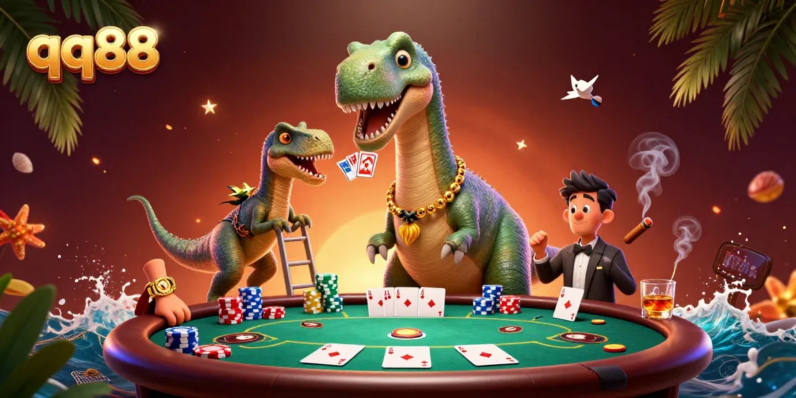 Engage with qq88 characters at a vibrant poker scene with dynamic gaming elements.