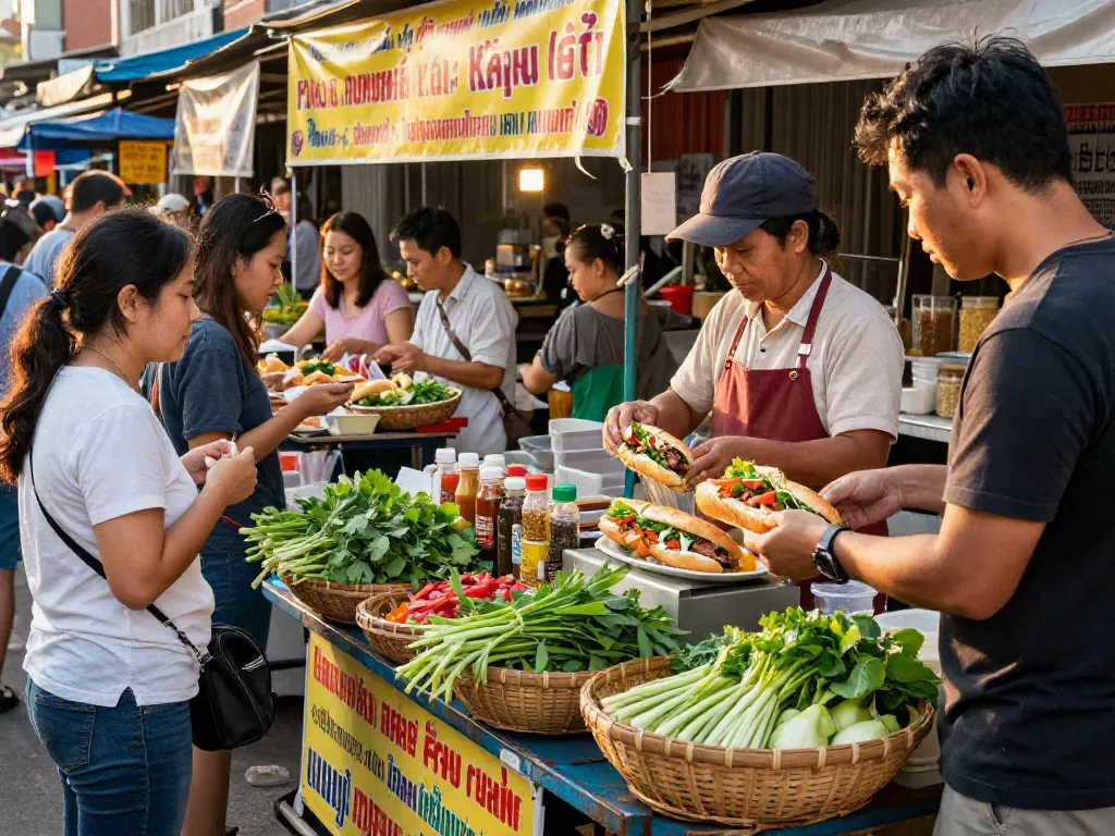 Quang cảnh chợ đồ ăn đường phố tại Việt Nam với f168, người bán hàng chuẩn bị bánh mì ngon miệng.