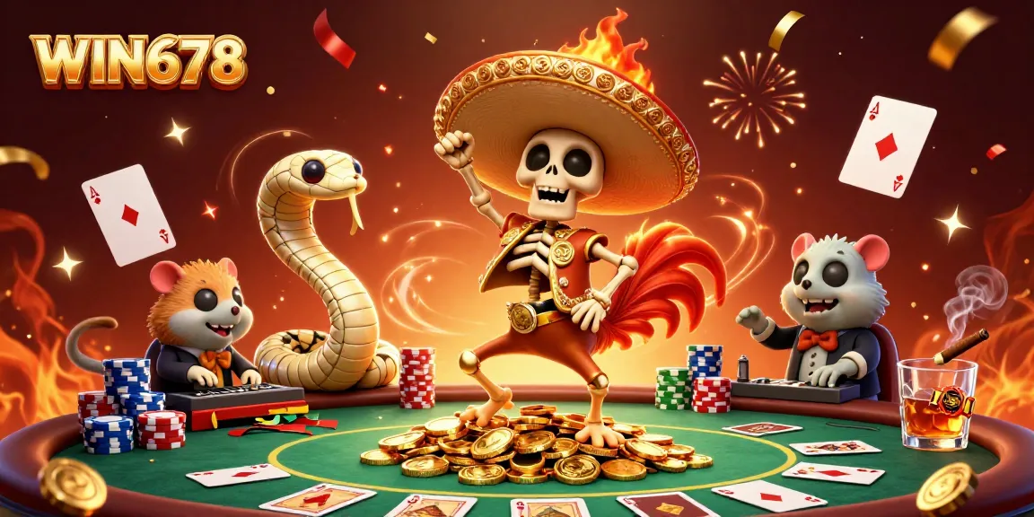Win678's animated casino scene features vibrant characters celebrating on golden coins.