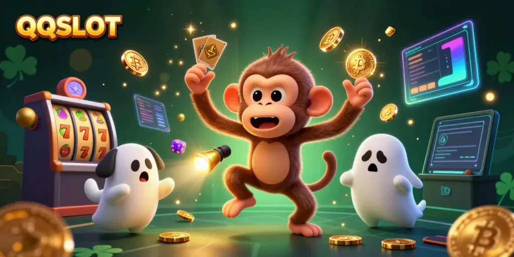 Engage with thrilling gameplay on QQSLOT with a mystical monkey and ghost-hunter in a lively haunted casino.