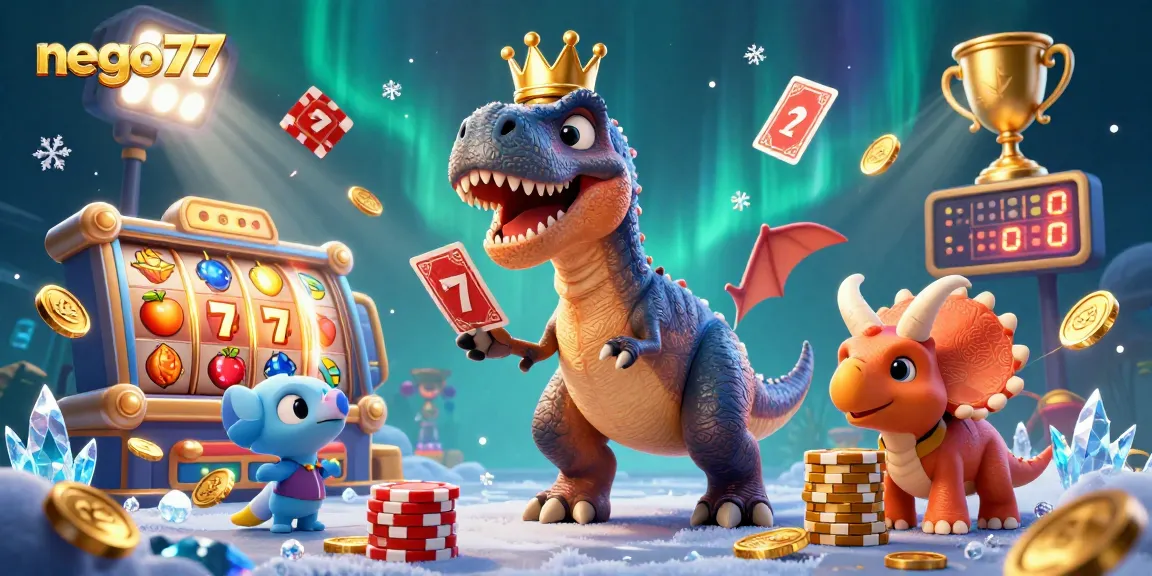 Nego77 showcases a lively scene of a dinosaur-themed casino with slot reels and festive characters.