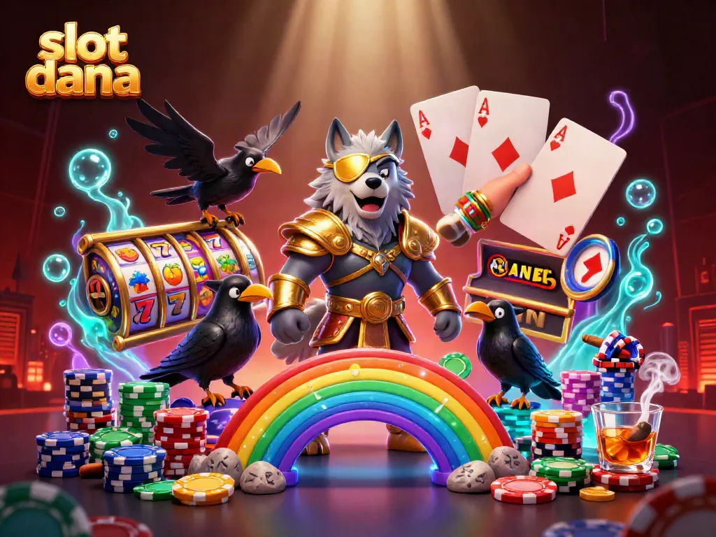Slot dana di dunia kasino, dengan simbol keberuntungan dan tumpukan chip poker.