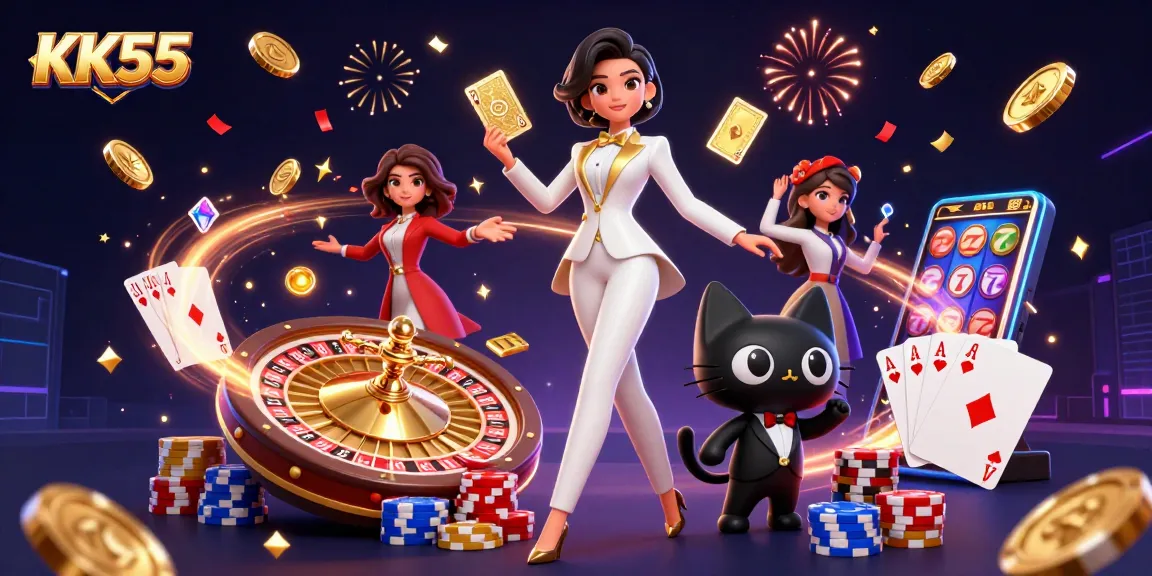 Experience the thrill of KK55 with a glamorous woman and a tuxedo cat amidst casino excitement.