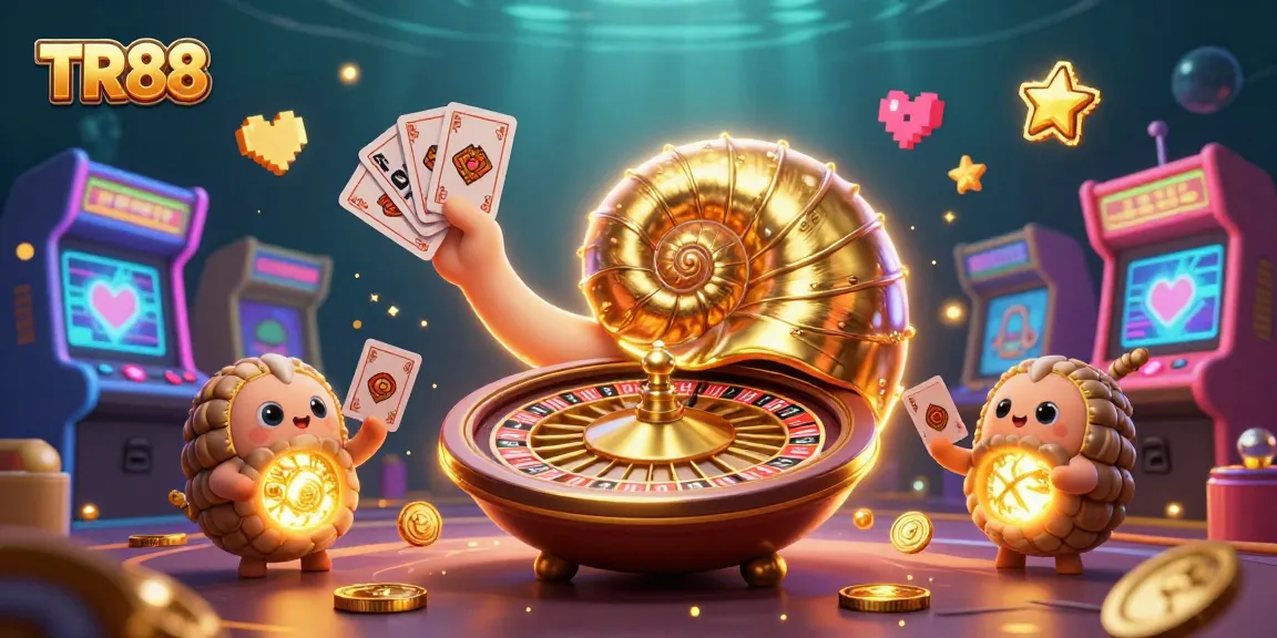 Engage with TR88, the vibrant casino world featuring a giant nautilus roulette and glowing game machines.