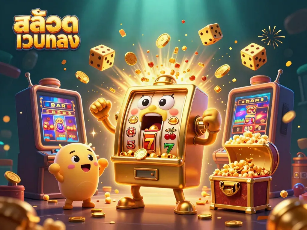 Engage with the thrilling action of สล็อตเว็บตรง as the golden slot machine wins big, surrounded by cheering smaller machines.