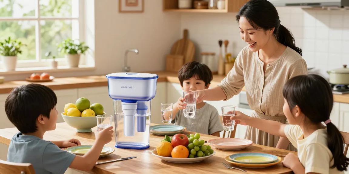 Family enjoying alkaline water filtered through AQUA CREST Alkaline Faucet Water Filter in a bright kitchen.