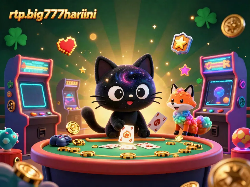 Engage with thrilling games at rtpbig777hariini, featuring a cosmic casino scene with vibrant characters and gaming elements.
