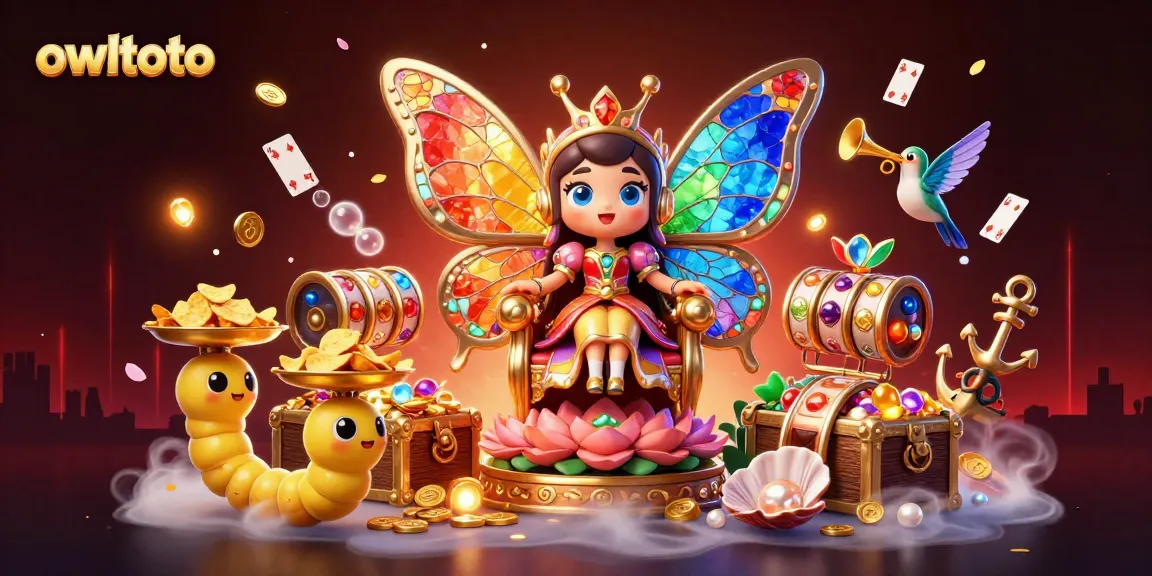 Experience the excitement of owltoto with a vibrant 3D illustration of casino elements and a whimsical queen.