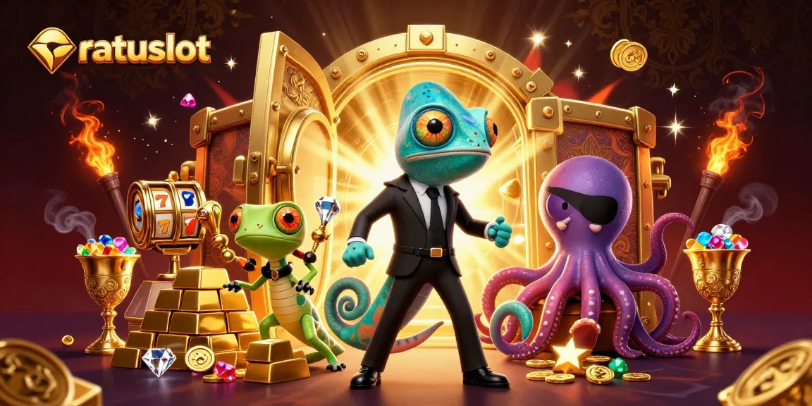 Win big with ratuslot in this vibrant 3D scene featuring an agent chameleon amidst gold treasures and slot motifs.