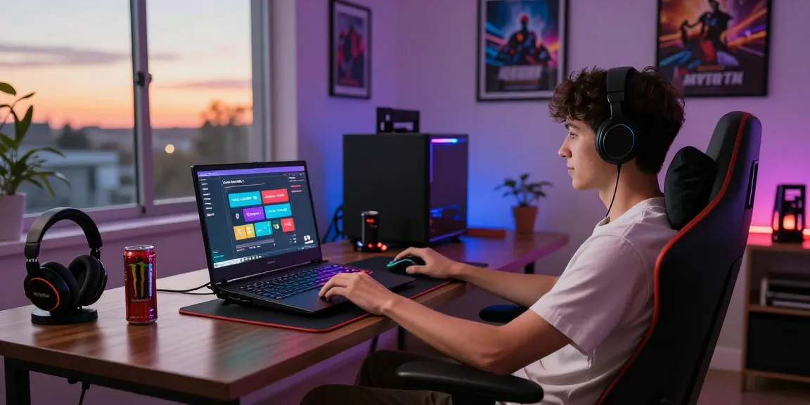 Engaging gamer using Mega888 Apk on a sleek laptop in a cozy gaming setup.