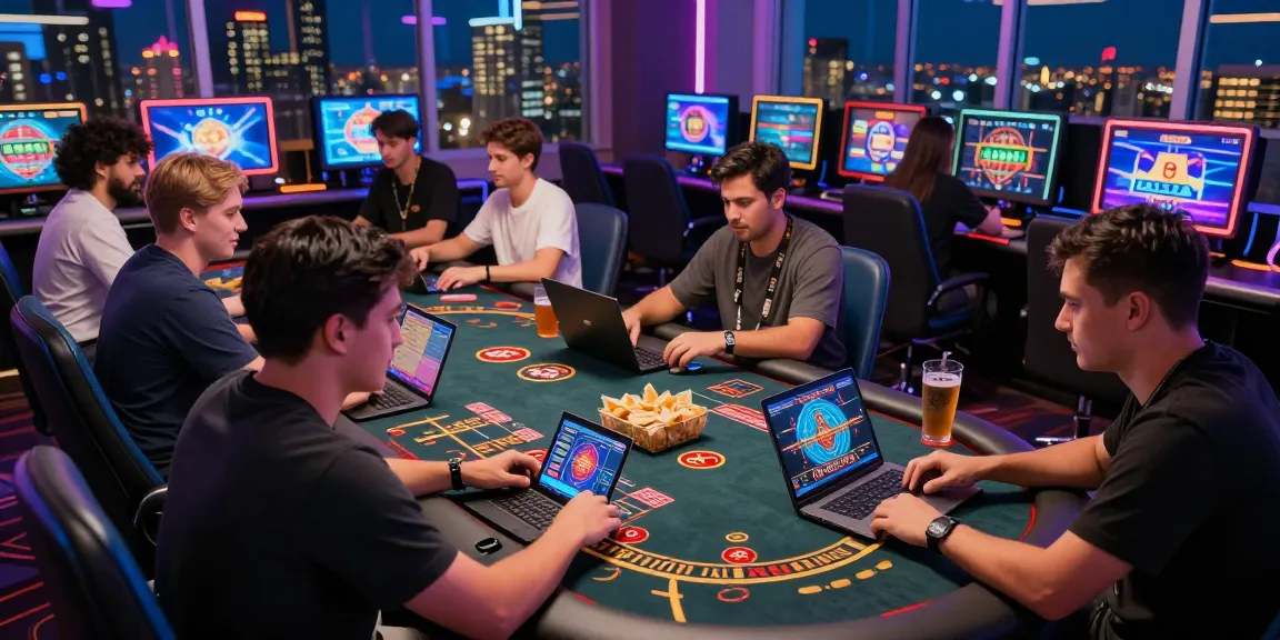 Players enjoying casino non aams games on laptops and smartphones in a vibrant gaming environment with city skyline.
