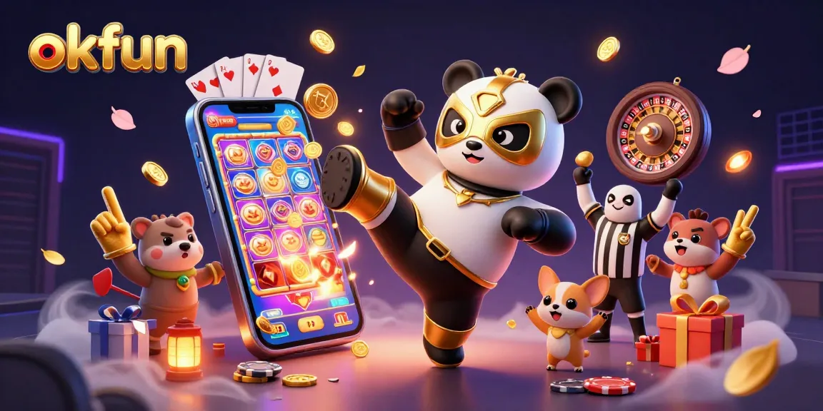 Experience the excitement at okfun with a vibrant 3D scene featuring a panda wrestler, casino elements, and a cheering crowd.