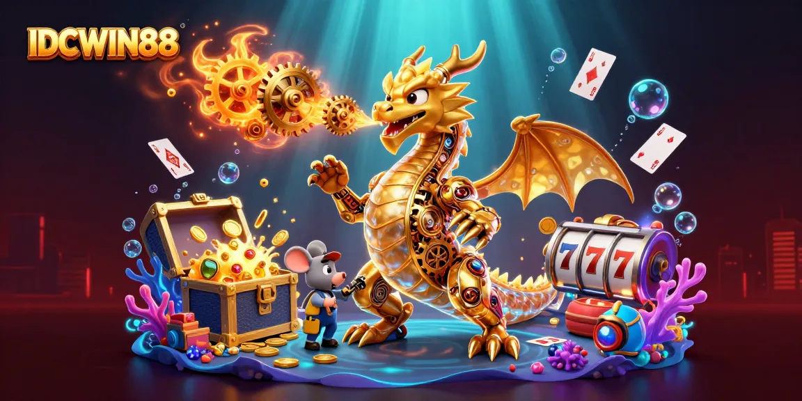 Experience the thrilling world of IDCWIN88 with golden dragons and slot reels in this engaging illustration.