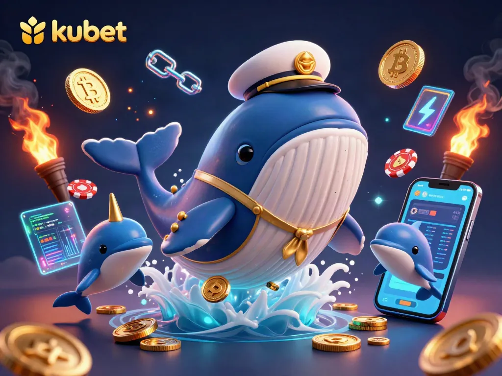 Experience the excitement of kubet as a giant whale breaches a sea of coins with playful dolphins in a thrilling casino scene.