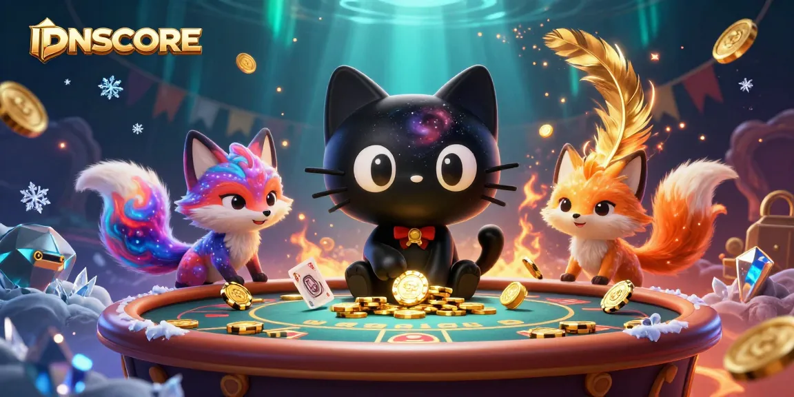 Engage with IDNSCORE's cosmic casino, where a black hole cat and nebula fox explore thrilling gaming adventures.