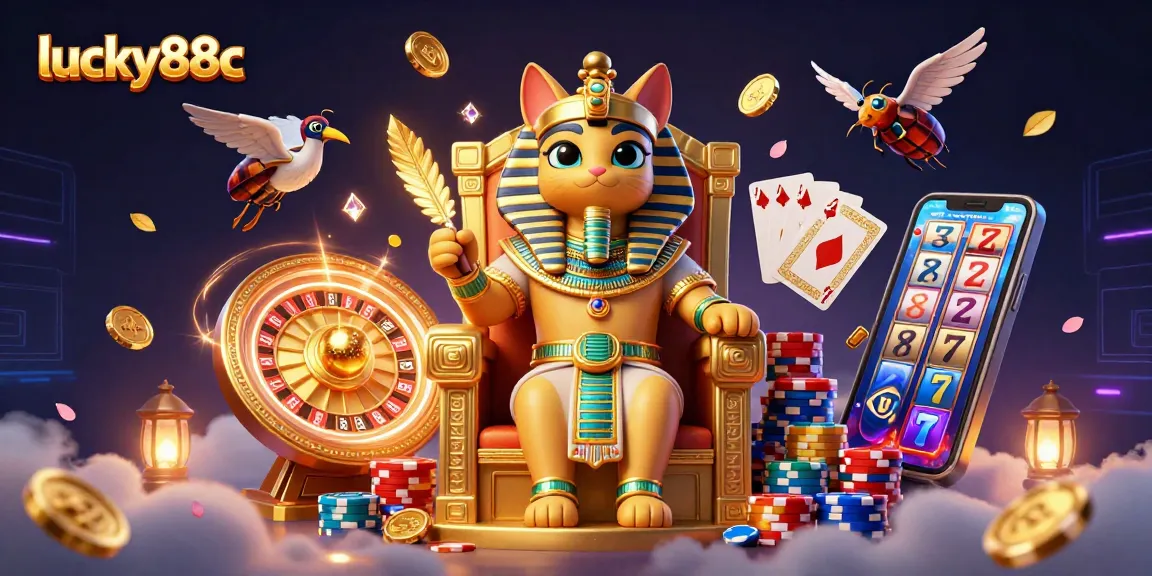 Play with lucky88c to win jackpots featuring vibrant 3D characters and casino elements.