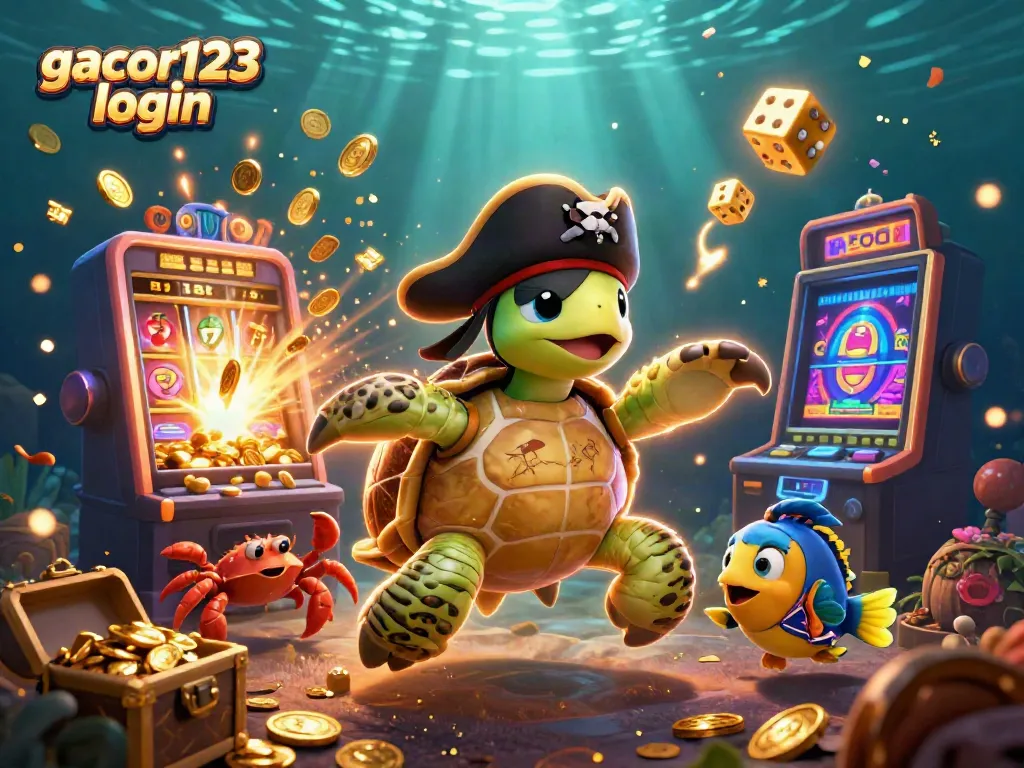 Engage with gacor123 login amidst a vibrant 3D casino adventure featuring a pirate turtle, crab, and parrotfish.