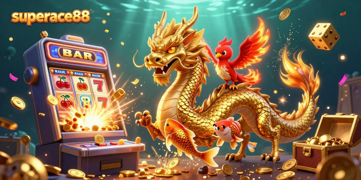 Experience the thrill of superace88 with a golden dragon and treasure explosion in this 3D illustration.