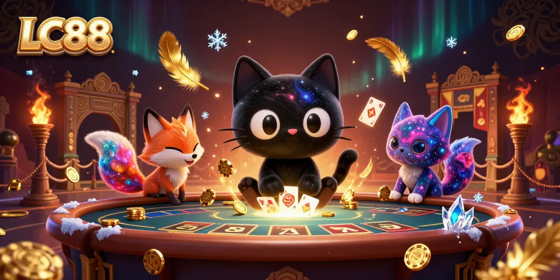 LC88 harnesses thrilling casino energy with cartoon characters amidst gold coins and vibrant colors.