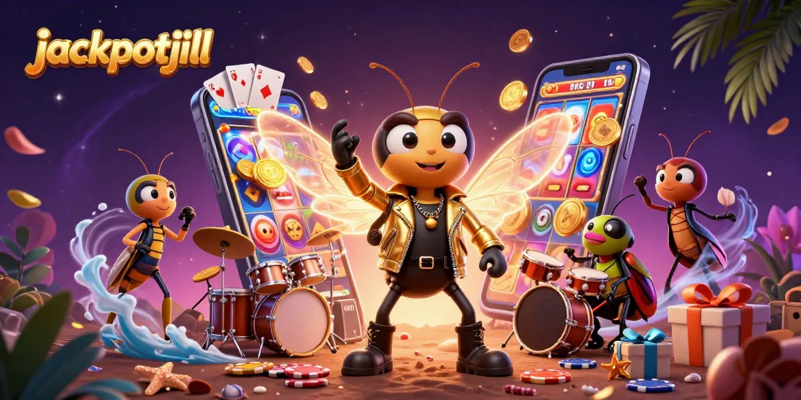 Engage with jackpotjill and experience thrilling spins on colorful slot reels amidst vibrant casino characters.