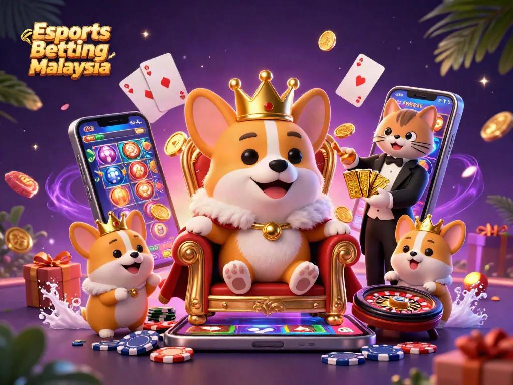 Engage in Esports Betting Malaysia with a vibrant and dynamic gaming atmosphere featuring a royal corgi and slot games.
