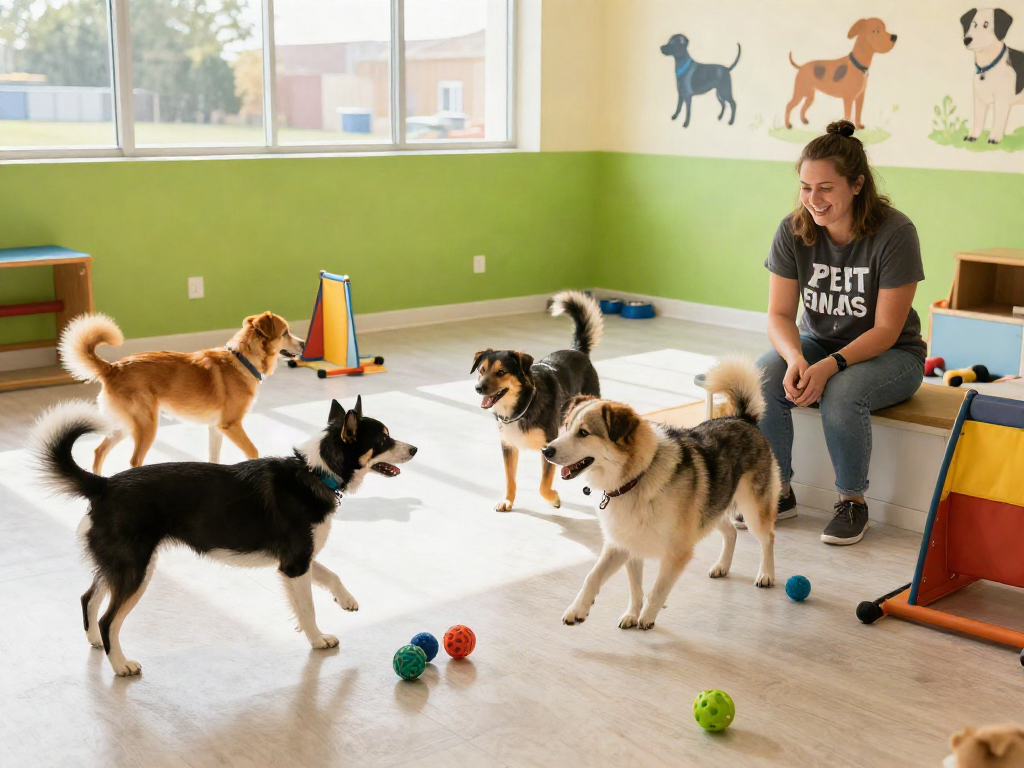 Joyful dogs playing in a vibrant daycare while slot88 care staff supervises.
