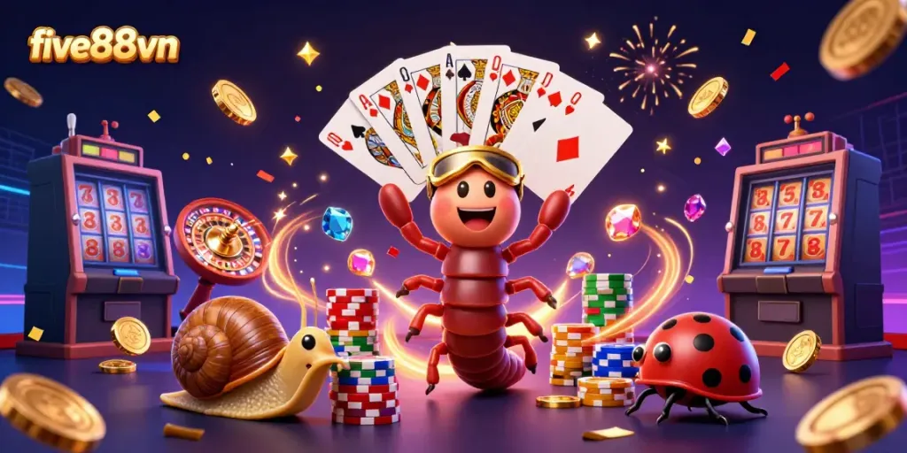 Experience the excitement of five88vn with a vibrant casino scene showcasing a 3D cartoon millipede dealer.