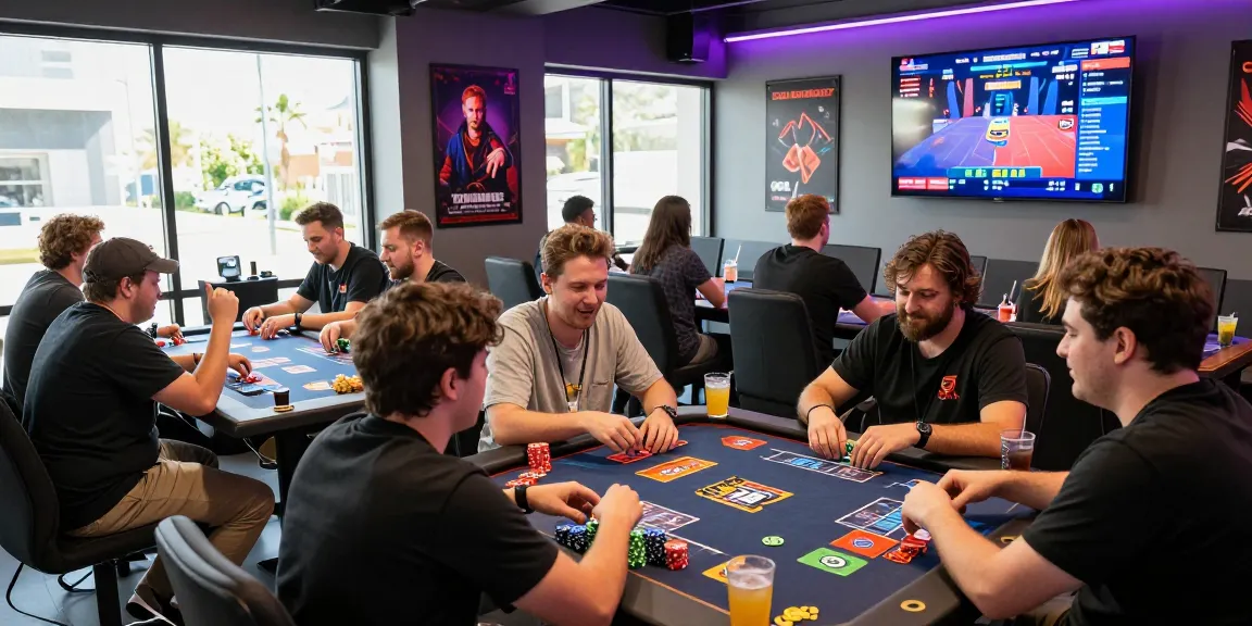 Sunwin gaming lounge with enthusiastic players enjoying card games in vibrant atmosphere.