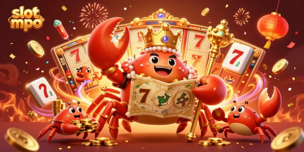 Experience slot mpo with a majestic crab emperor surrounded by vibrant casino symbols in a rich, festive setting.