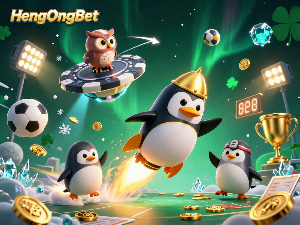 Experience exciting action in HengOngBet with a golden penguin blasting off towards a casino space station.