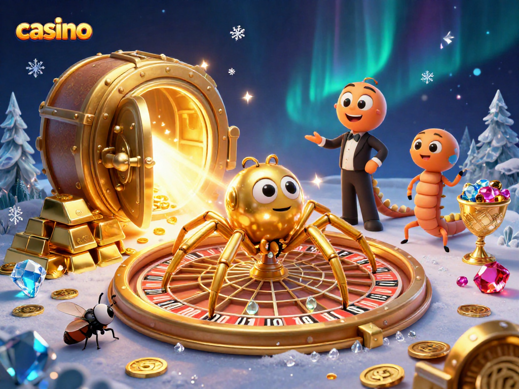 Experience the thrill of the casino as a fly nervously bets at a roulette wheel web.