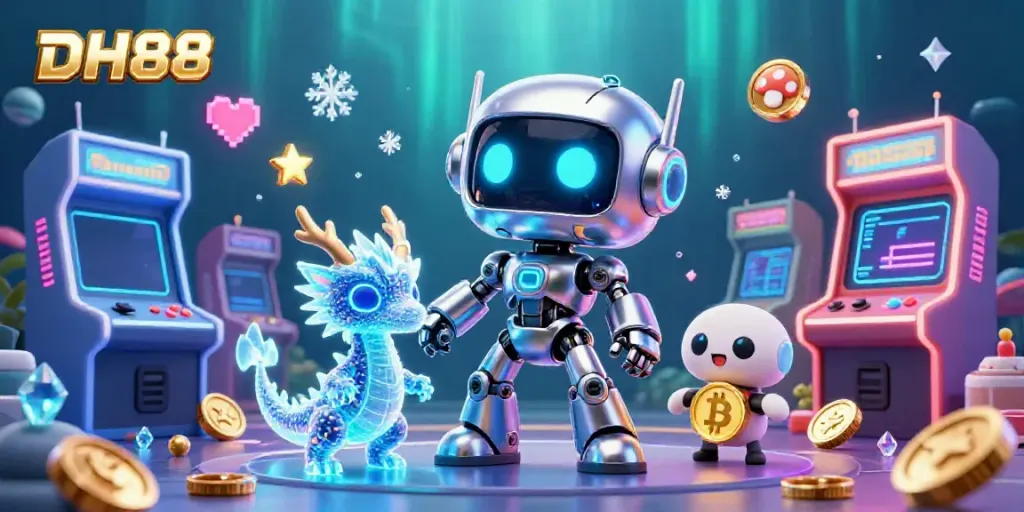 Experience excitement with DH88's vibrant gaming scene featuring a neon-themed robotic mascot and dynamic game elements.